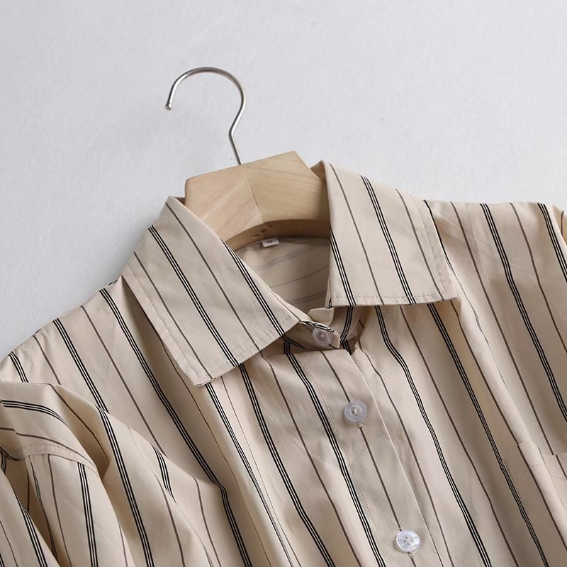 breasted Vintage Striped Print Long Sleeve Shirt NSLAY127698