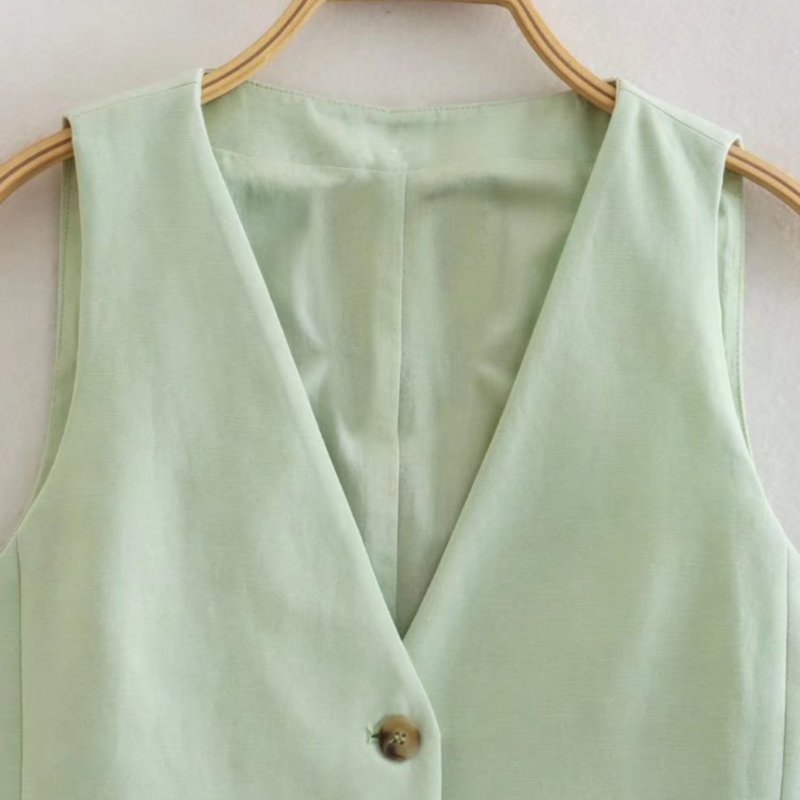 linen buttons solid color v neck slim short vest NSLAY127695