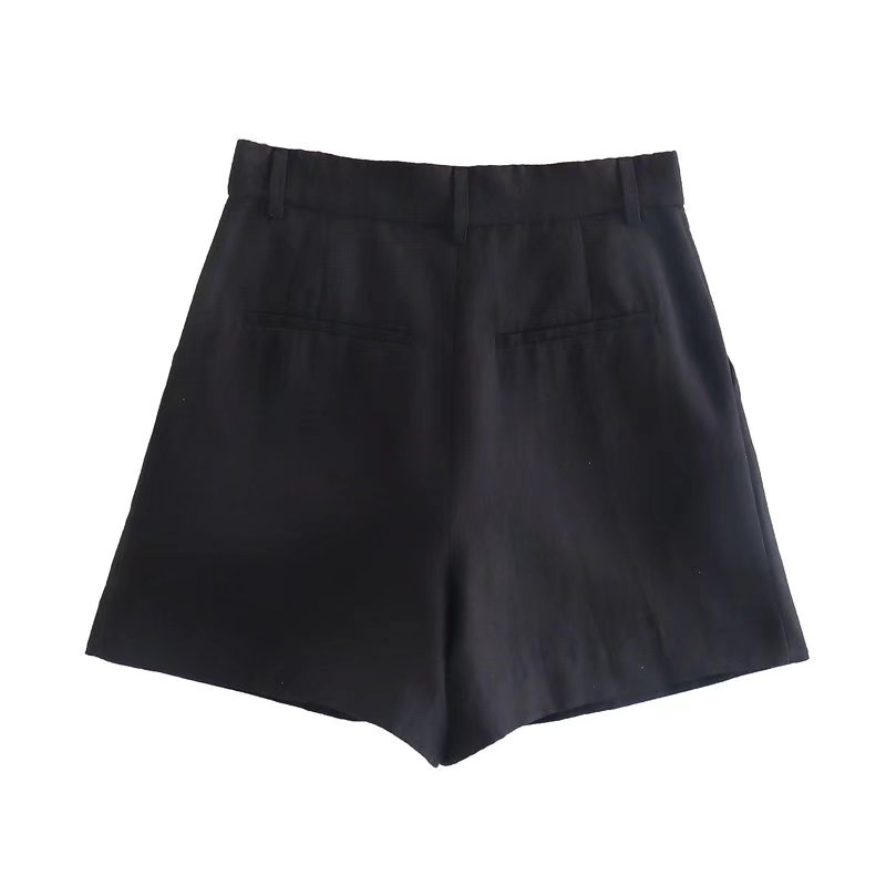 high waist straight solid color Linen Blend Shorts NSLAY127693