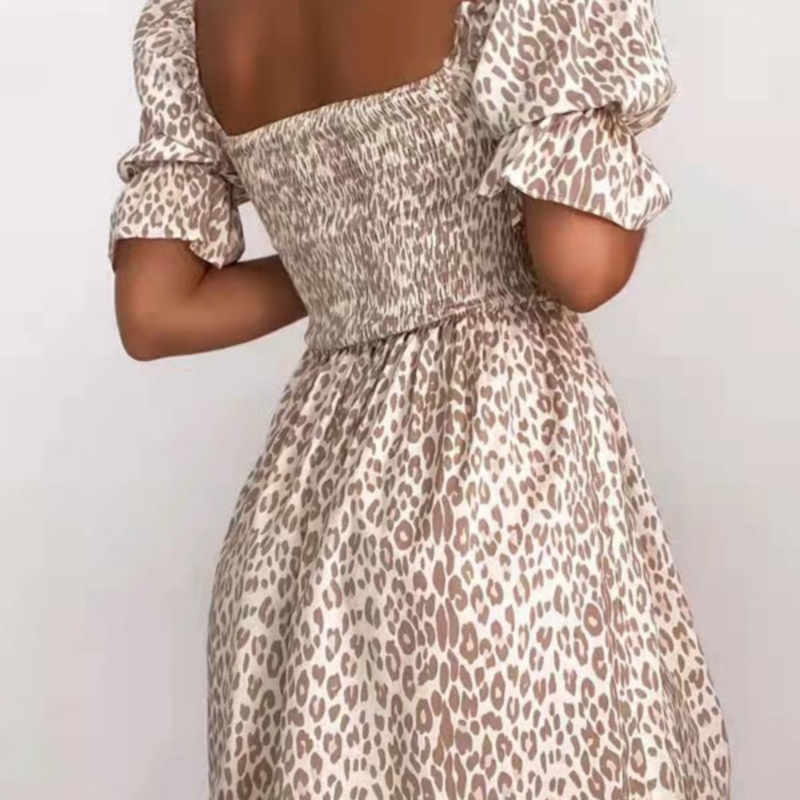 square neck short sleeve strech Leopard Print Dress NSLAY127686