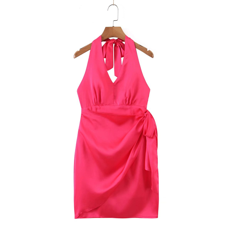 hanging neck backless v neck lace-up solid color satin dress NSLAY127665
