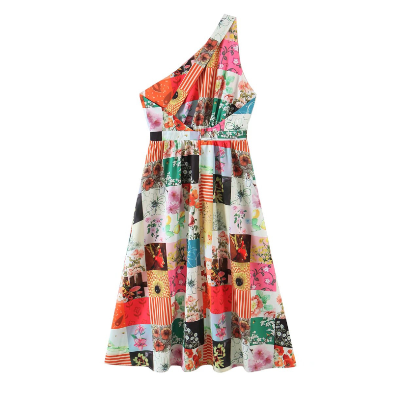 multicolored plaid print slanted shoulder backless sleeveless dress NSLAY127660