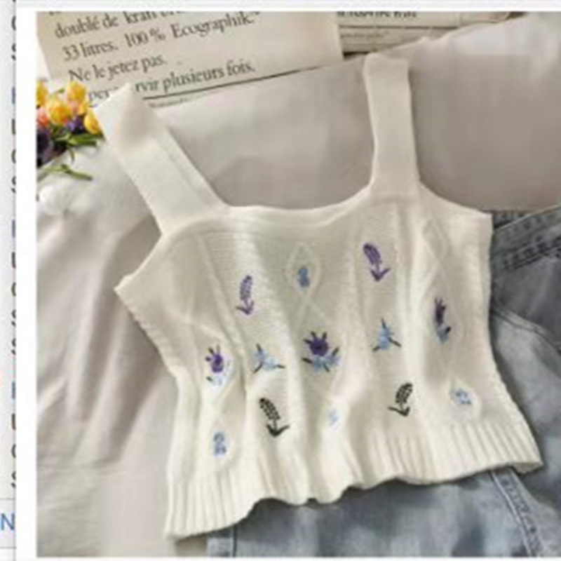 embroidered sling slim short knitted vest-multicolor NSLMM128146