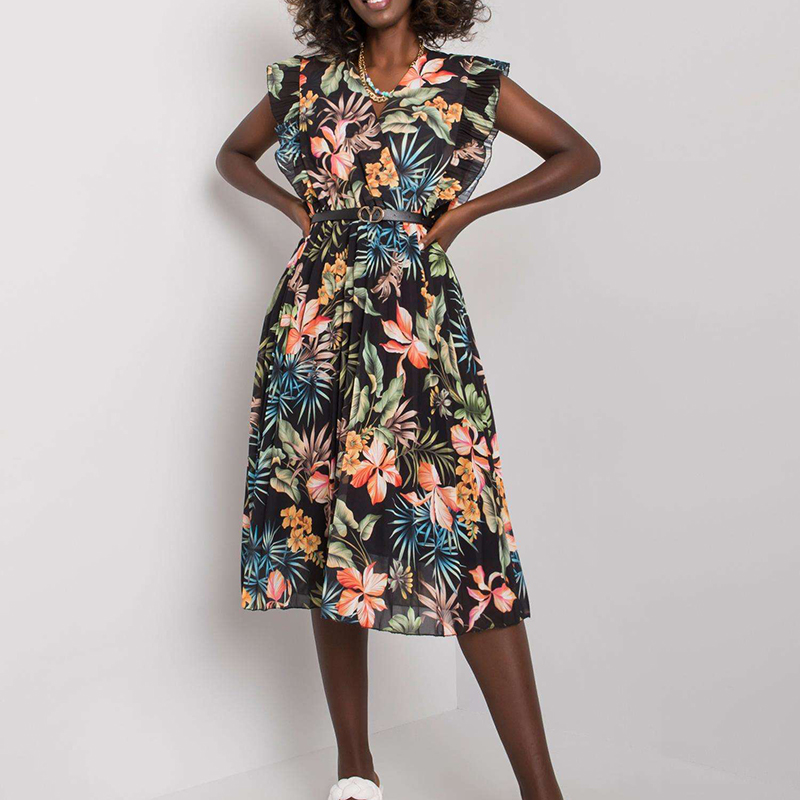 pleated floral high waist v neck sleeveless ruffle dress-multicolor NSPPF128183
