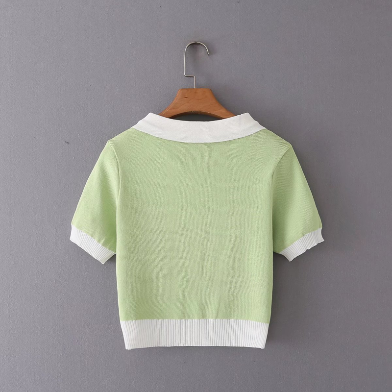 Knit button color matching Lapel Short Sleeve Top NSLAY128415