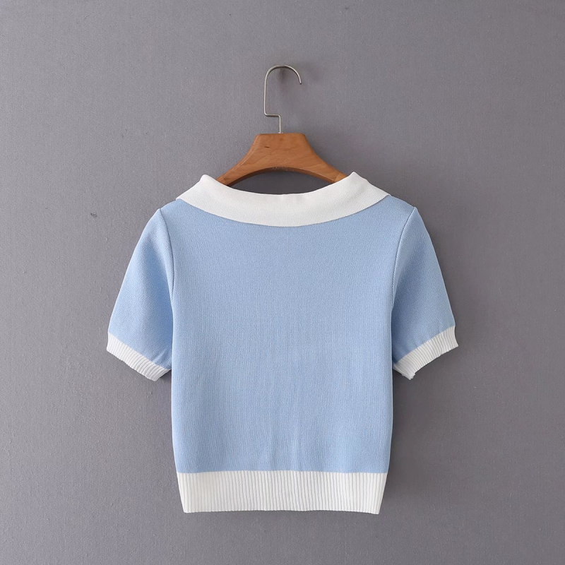 Knit button color matching Lapel Short Sleeve Top NSLAY128415