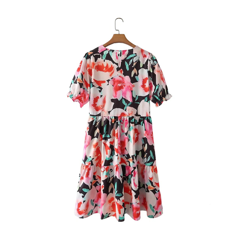 Breasted floral v neck slim Short Sleeve Dress NSLAY128410