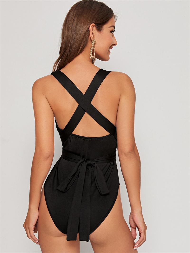 lace-up cross sling backless slim solid color jumpsuit NSLMM131665