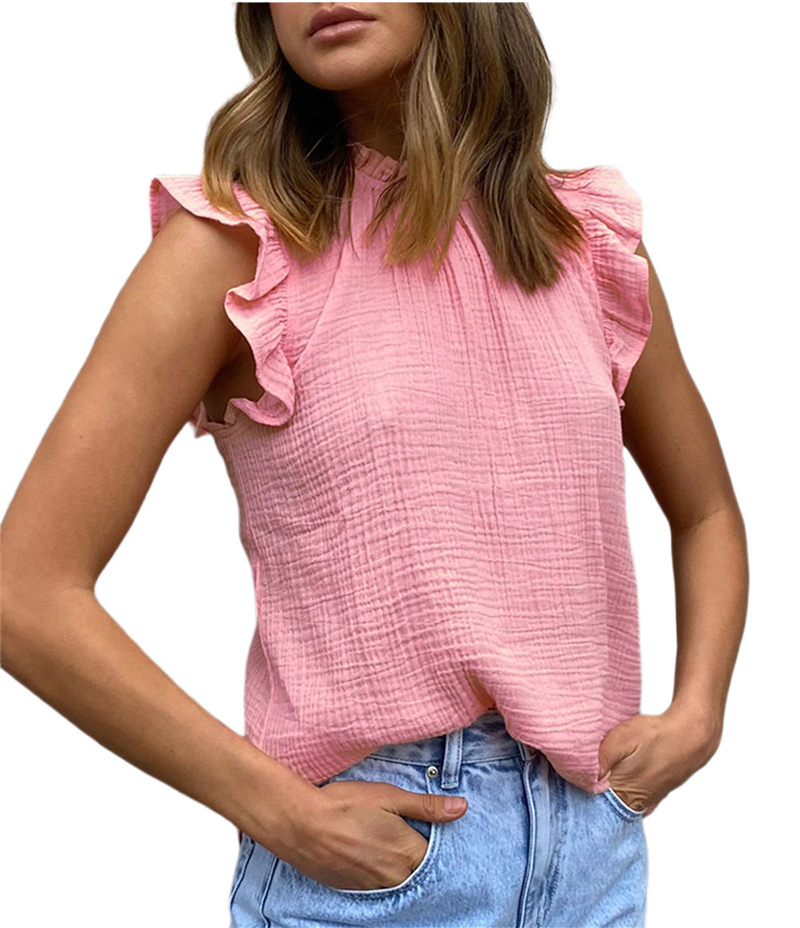 ruffled sleeveless round neck loose solid color top NSLMM133674