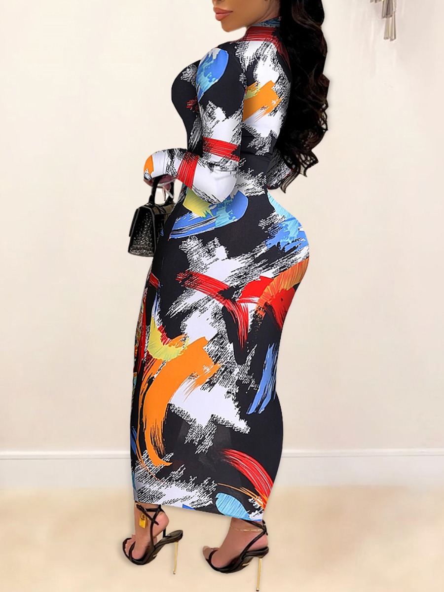 color ink tie-dye printing long-sleeved long dress NSHFH129497