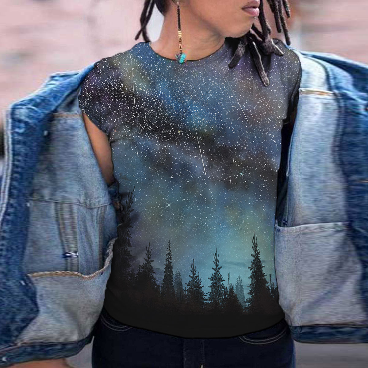plus size Starry sky print loose short sleeve T-shirt NSLBT129798