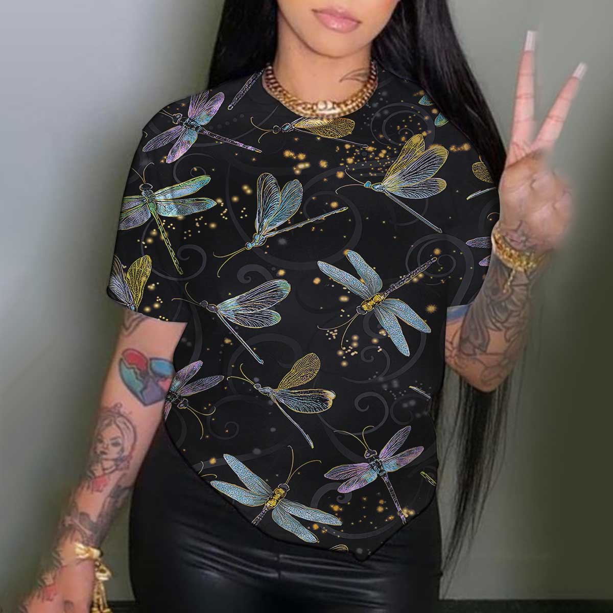 plus size Dragonfly Print loose round neck T-Shirt NSLBT129795