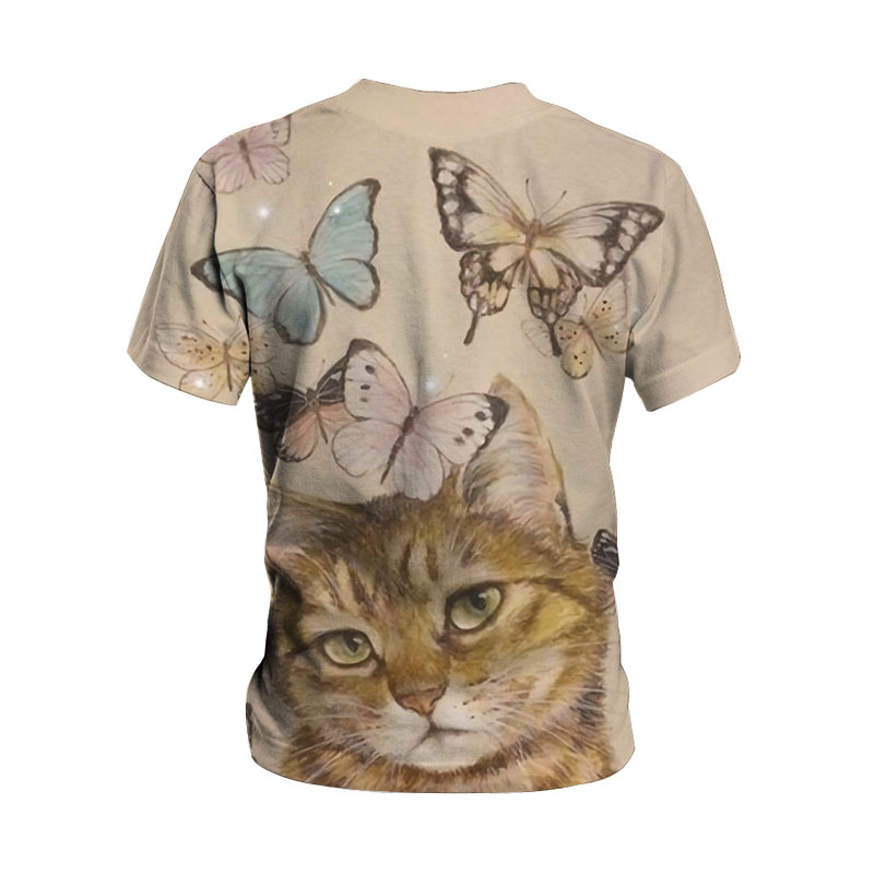 Camiseta de manga corta con cuello redondo y estampado de mariposas de talla grande NSLBT129789