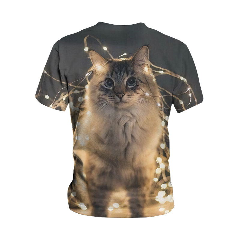 Camiseta de manga corta con cuello redondo y estampado de gatos de talla grande NSLBT129783
