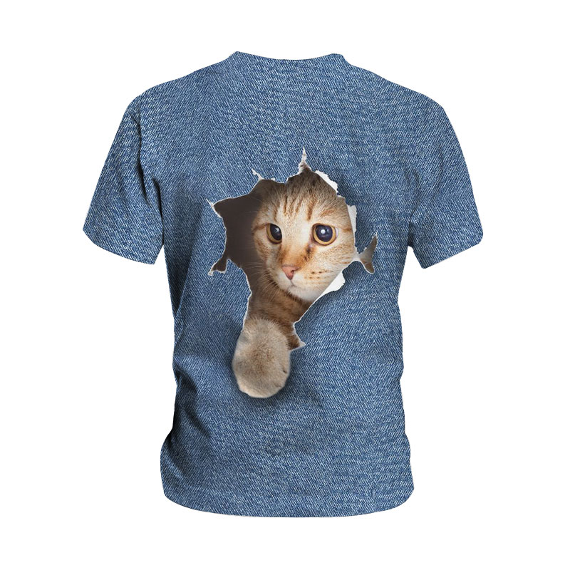 Camiseta de manga corta con cuello redondo y estampado de gatos de talla grande NSLBT129773