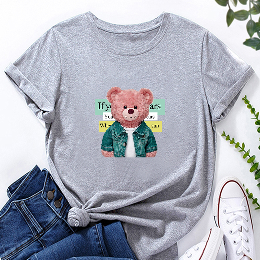 Cartoon Bear Print Loose round neck short sleeve T-Shirt NSYAY129565
