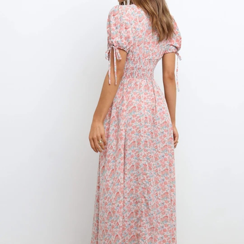 V-Neck Slim short sleeve long Floral Dress NSPPF129553