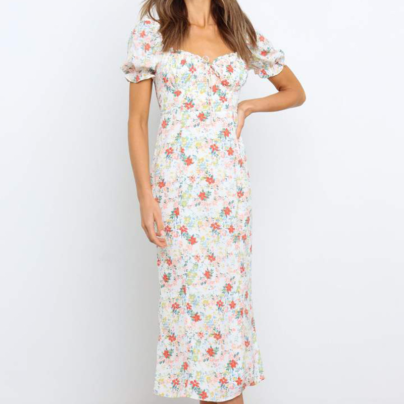 puff sleeve low-cut backless slim floral Dress NSPPF129552