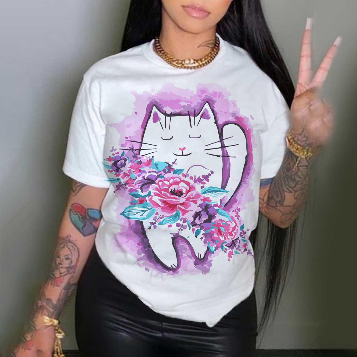 plus size kitty printed loose round neck T-shirt NSLBT131250