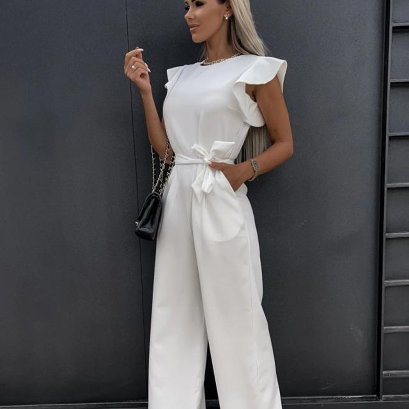 round neck ruffle sleeve slim wide-leg lace-up solid color jumpsuit NSPPF130945