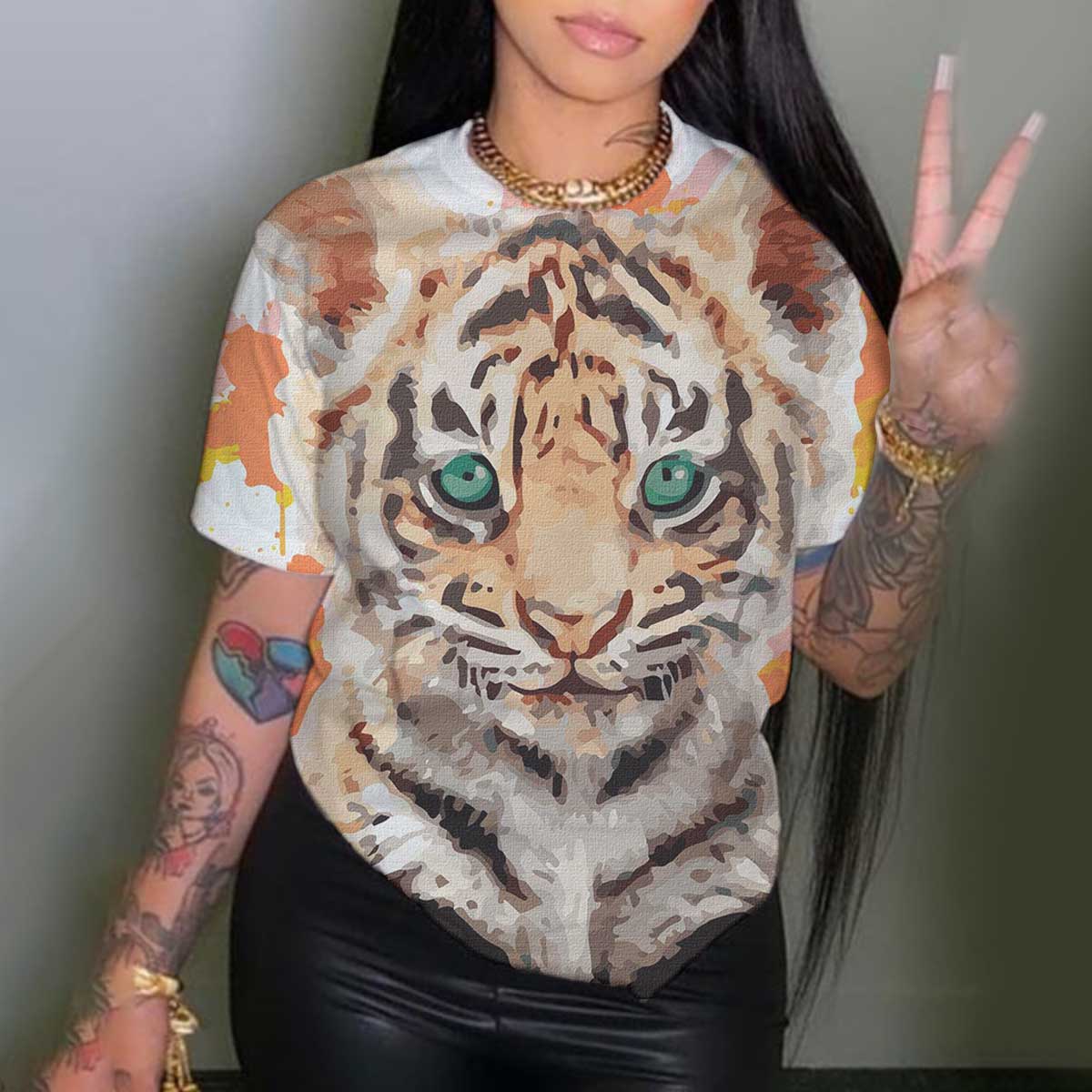 plus size tiger Print short sleeve casual loose T-Shirt NSLBT131242