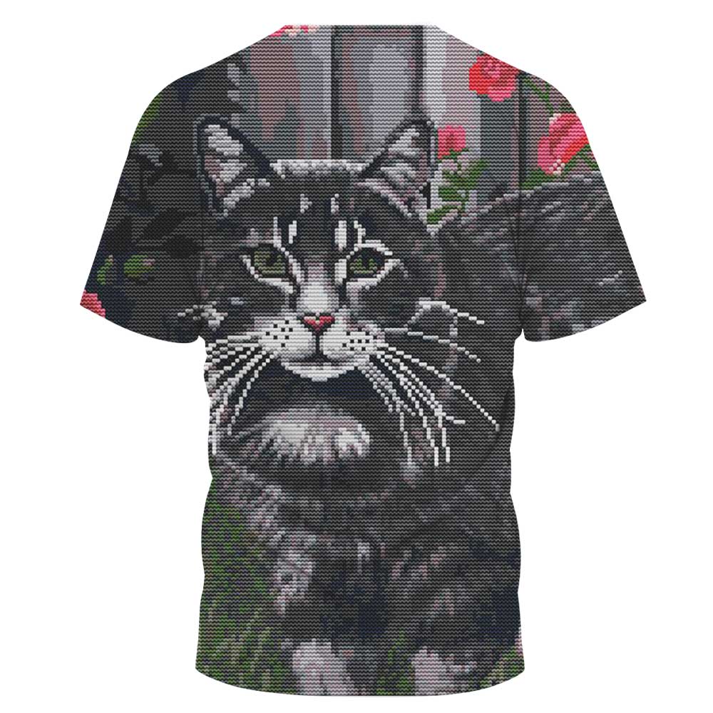 Camiseta informal suelta con cuello redondo y estampado de gato de talla grande NSLBT131230