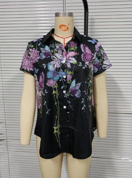 butterfly printing lapel short-sleeved loose shirt NSLLQ133669