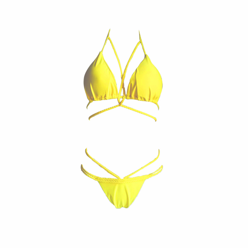 conjunto de bikini de color sólido hueco con cuello cruzado y cuello colgante-Multicolor NSPPF131215
