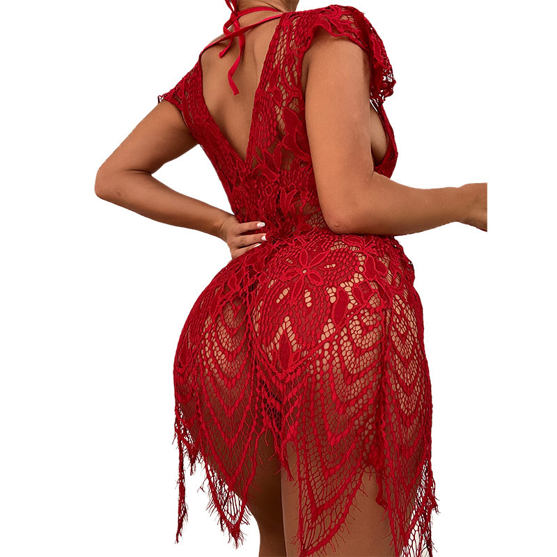 hanging neck sleeveless wrap chest sexy lace-up solid color underwear three-piece set NSLTS133663