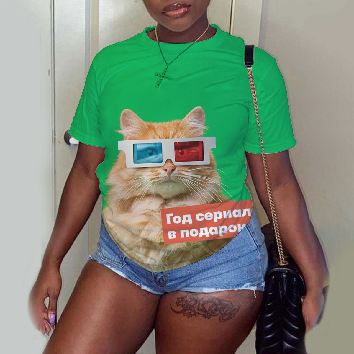 plus size cat Print Fashion short sleeve Crew Neck T-Shirt NSLBT130221