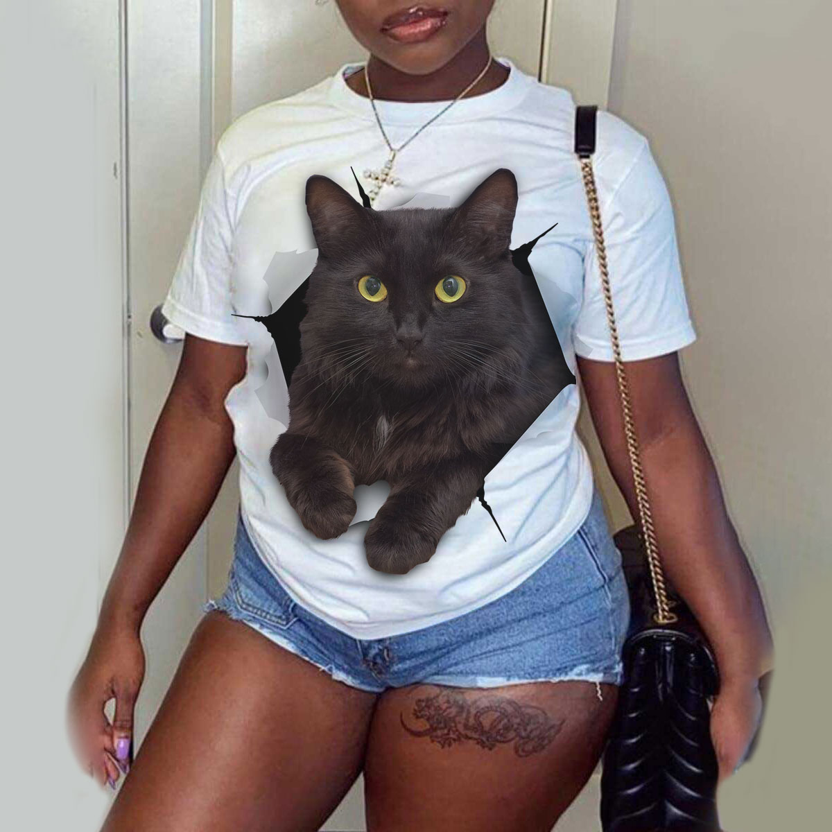 plus size cat print Fashion Crew Neck short sleeve T-Shirt NSLBT130215
