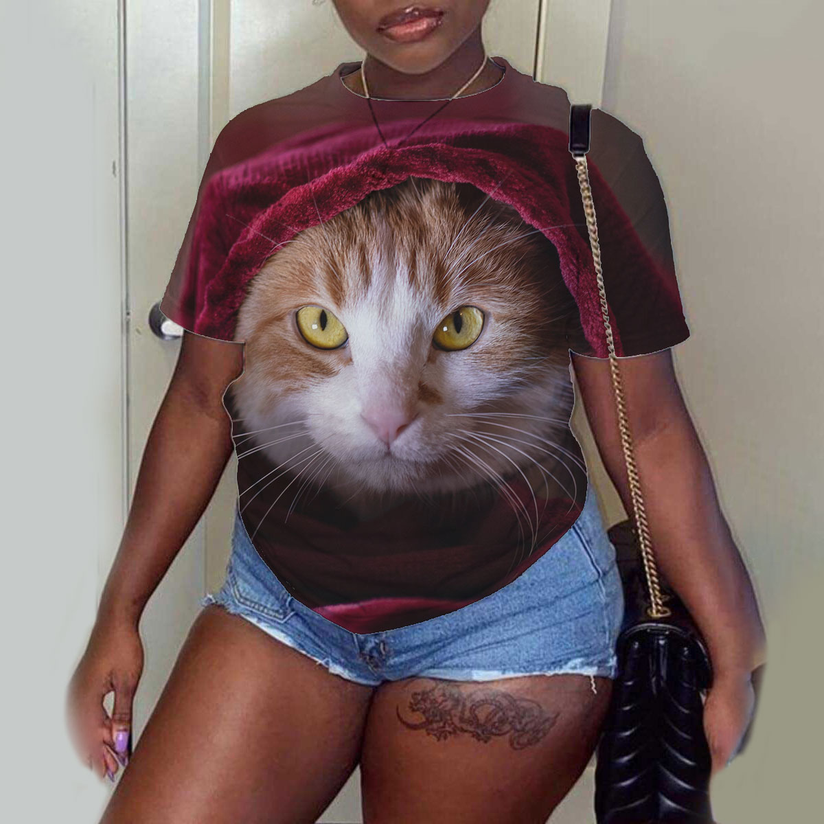 Camiseta de manga corta informal con cuello redondo y estampado de gatos de talla grande NSLBT130211
