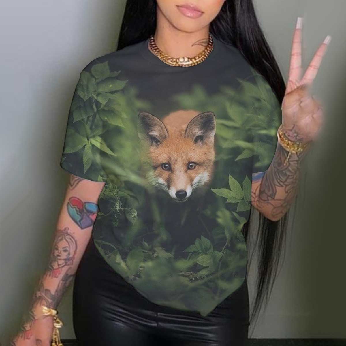 plus size fox Printed Crew neck casual loose T-Shirt NSLBT130208
