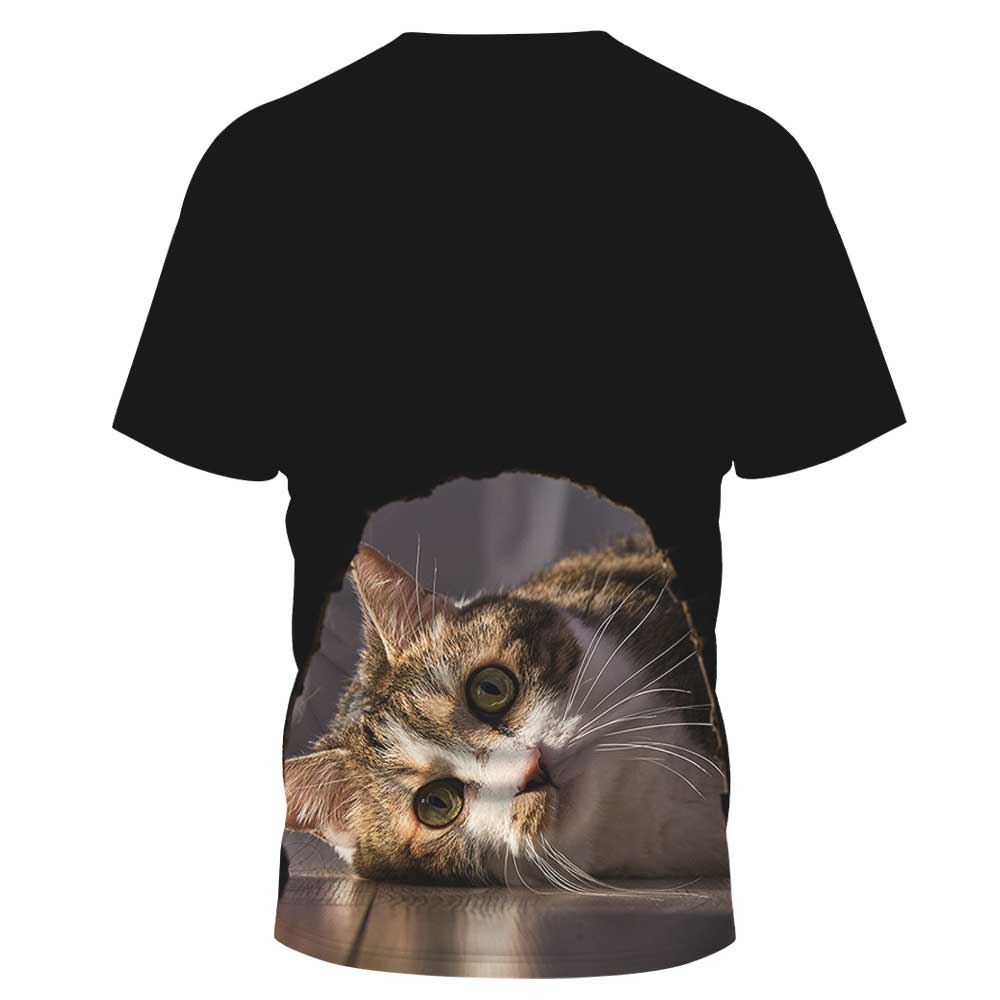 Camiseta holgada de manga corta con cuello redondo y estampado de gato de talla grande NSLBT130205