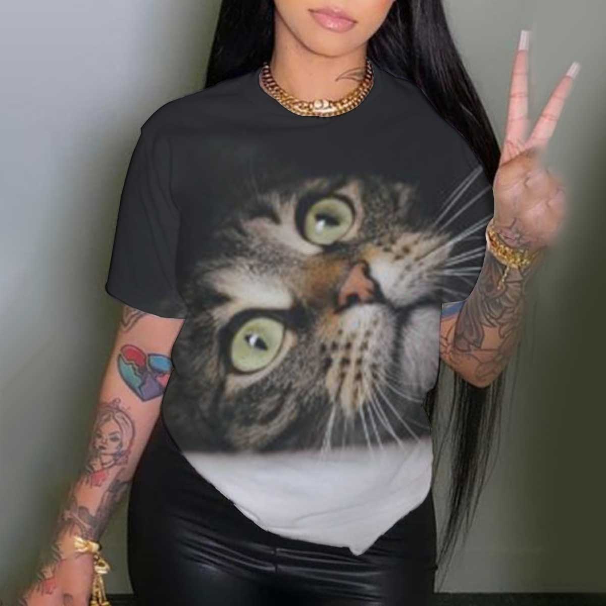 Camiseta holgada informal con cuello redondo y estampado de gatito de talla grande NSLBT130202