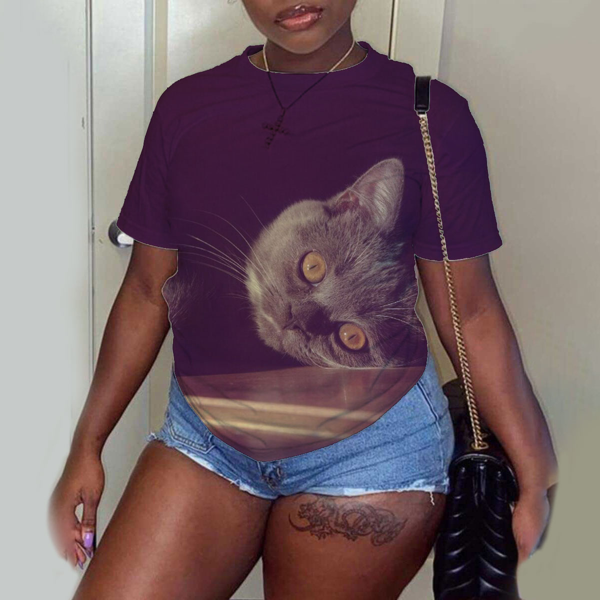 Plus size Cat Print Crew Neck fashion loose T-Shirt NSLBT130606