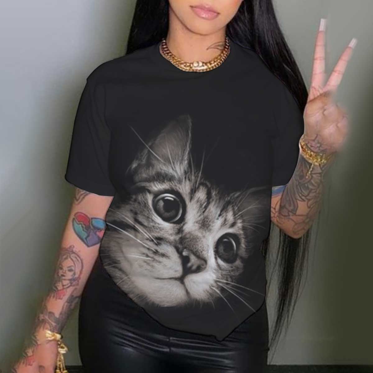 plus size Cat Print Crew Neck short sleeve T-Shirt NSLBT130604