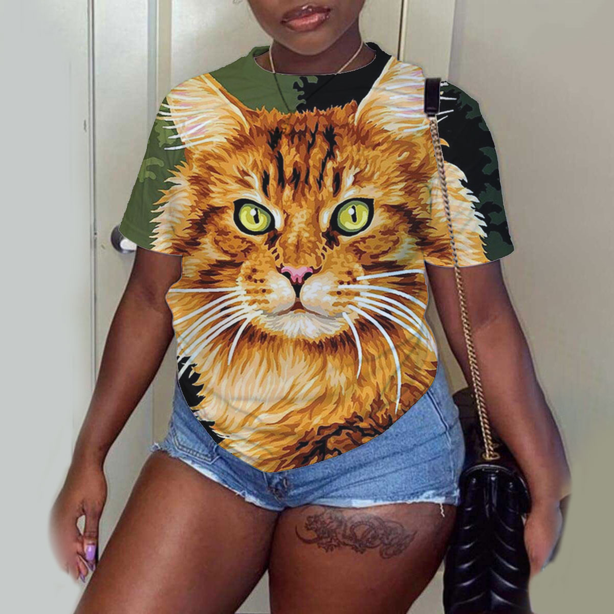 Camiseta holgada de manga corta con cuello redondo y estampado de gatos de talla grande NSLBT130603